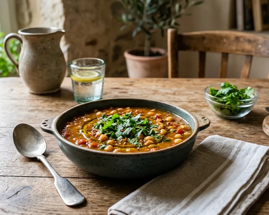 Soupe de pois chiches, tomates, coriandre